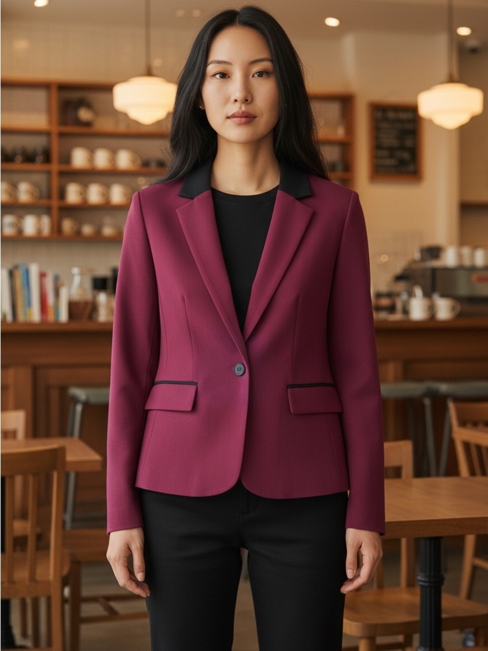 Nine West Deep Burgundy Blazer with Black Contrast Collar Size 4